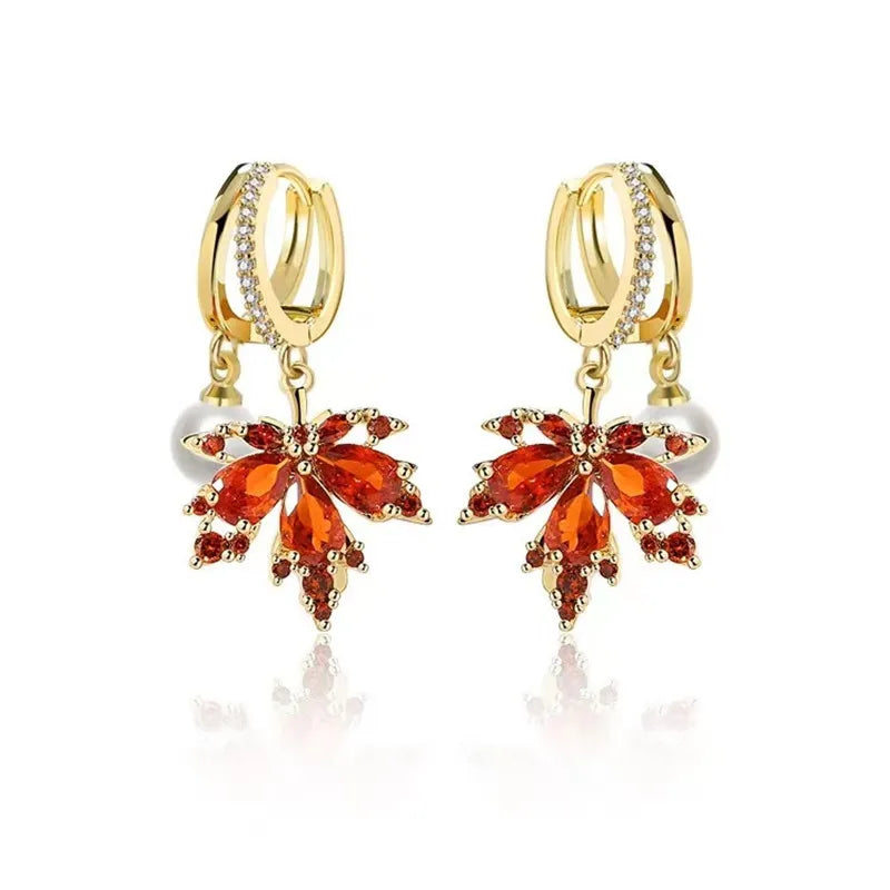 French Vintage Crystal Zircon Red Maple Leaf Earrings for Women
