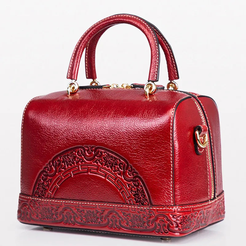 Chinese Style Genuine Leather Box Doctor Female Shoulder Bags