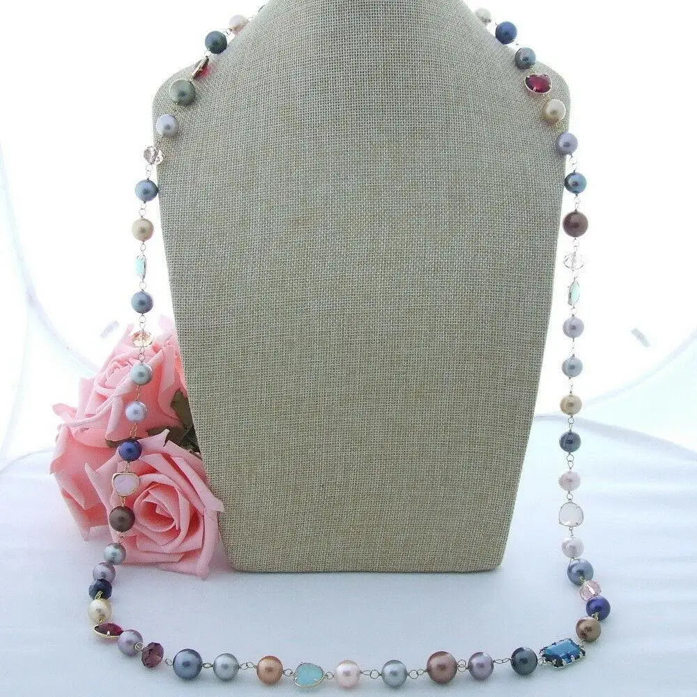 multi color round Sea Shell Pearl Crystal long Necklace