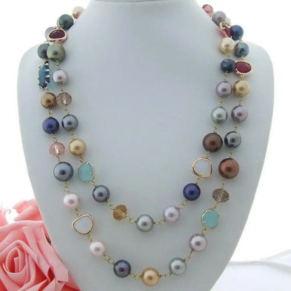 multi color round Sea Shell Pearl Crystal long Necklace