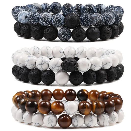 Black White Natural Lava Stone Tiger Eye Beaded Yoga Bracelets for Men Women