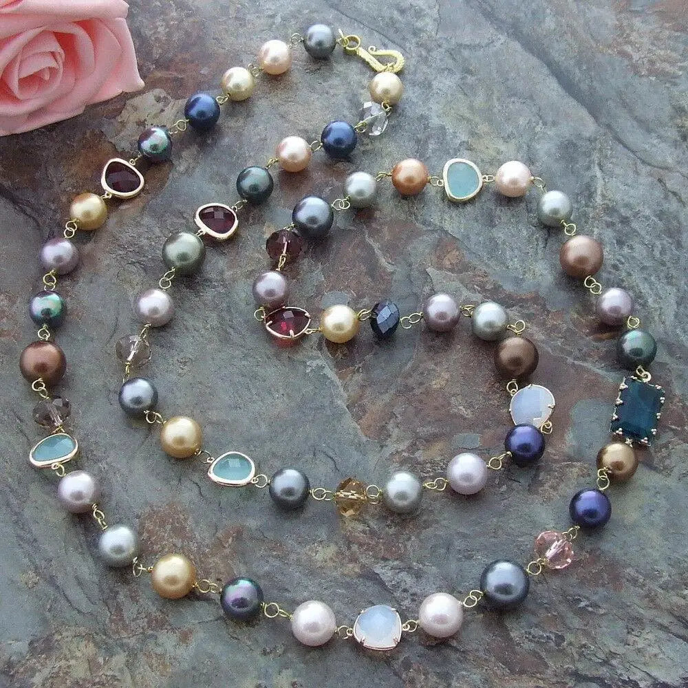 multi color round Sea Shell Pearl Crystal long Necklace