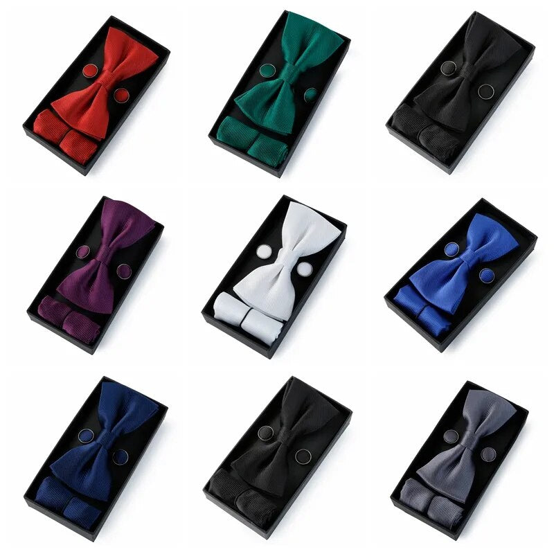 Men Bowtie Set Pocket Square Cufflinks For Wedding