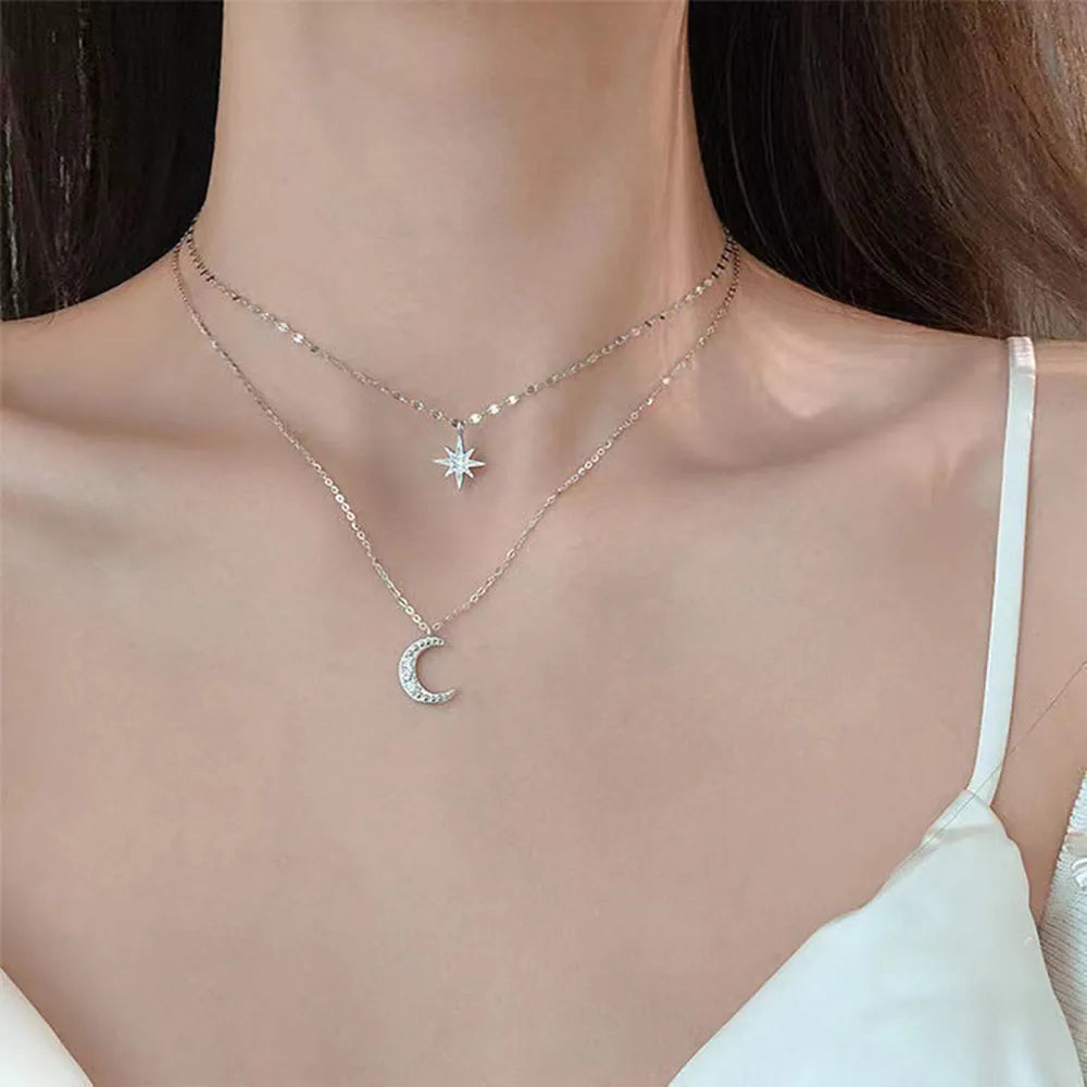 Double Layer Star Moon Charm  Multilayered Necklace