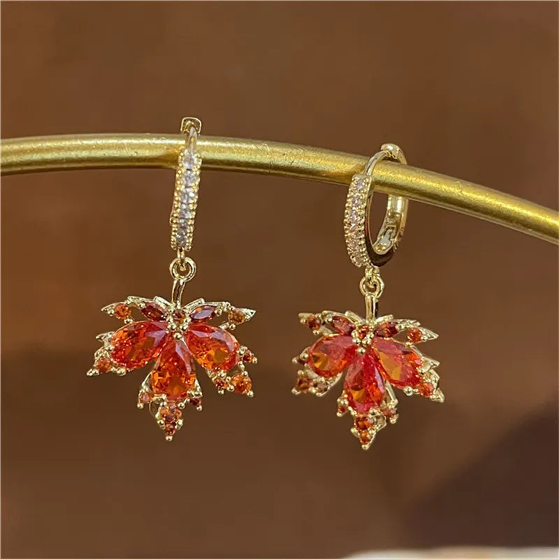 French Vintage Crystal Zircon Red Maple Leaf Earrings for Women