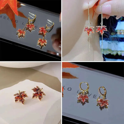 French Vintage Crystal Zircon Red Maple Leaf Earrings for Women