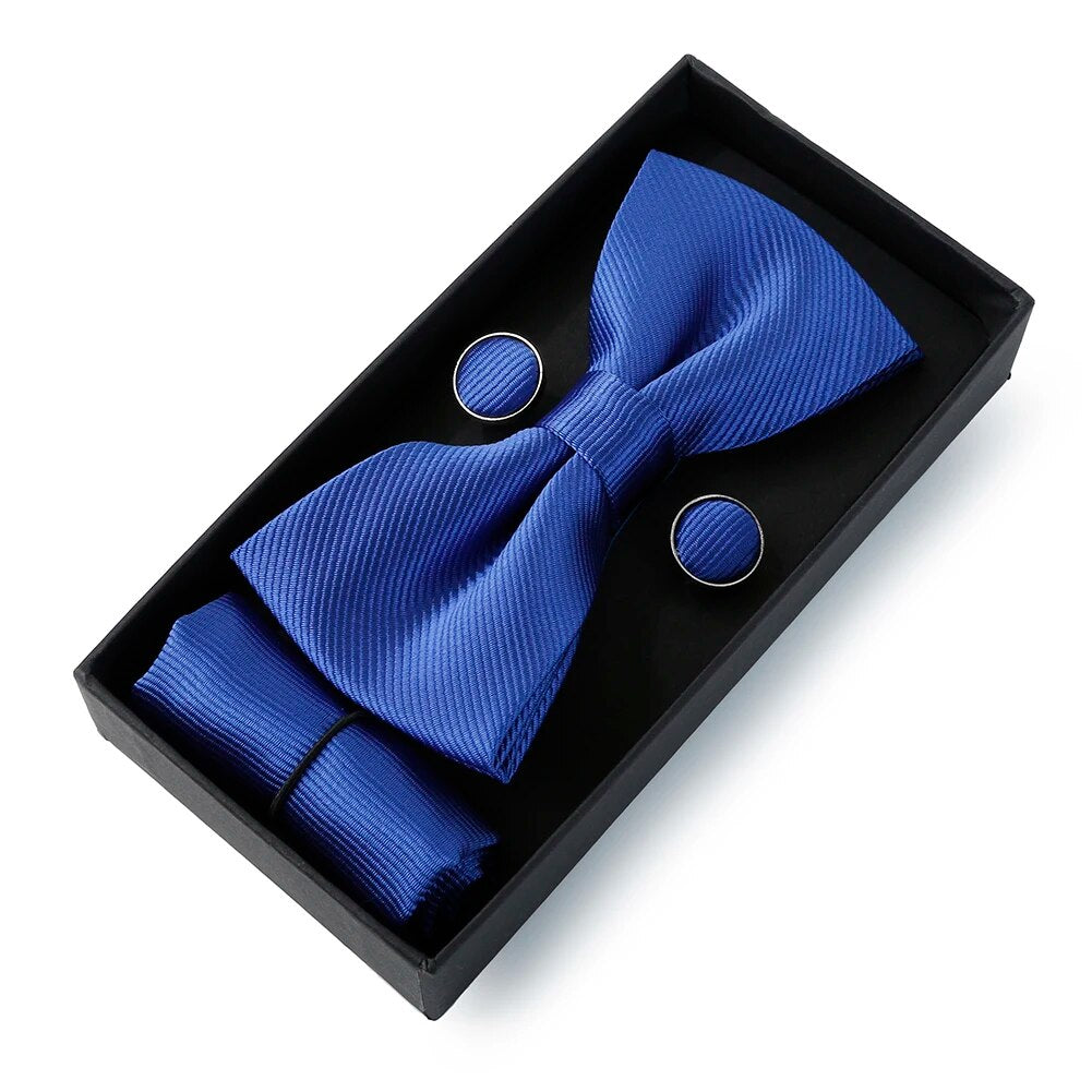 Men Bowtie Set Pocket Square Cufflinks For Wedding