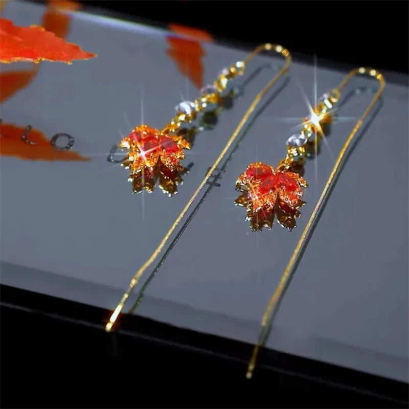 French Vintage Crystal Zircon Red Maple Leaf Earrings for Women