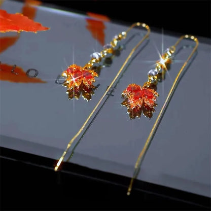 French Vintage Crystal Zircon Red Maple Leaf Earrings for Women