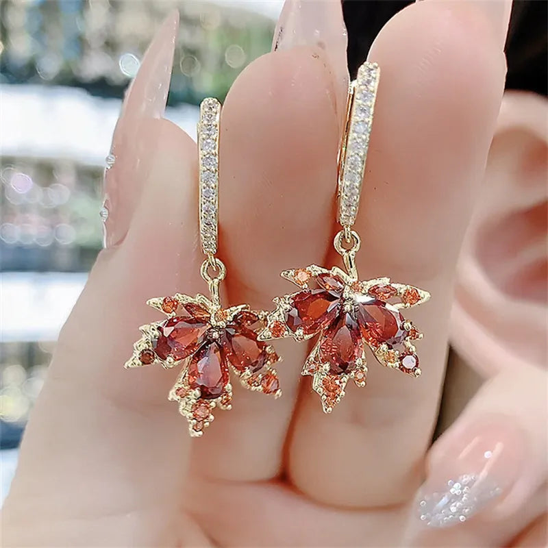 French Vintage Crystal Zircon Red Maple Leaf Earrings for Women