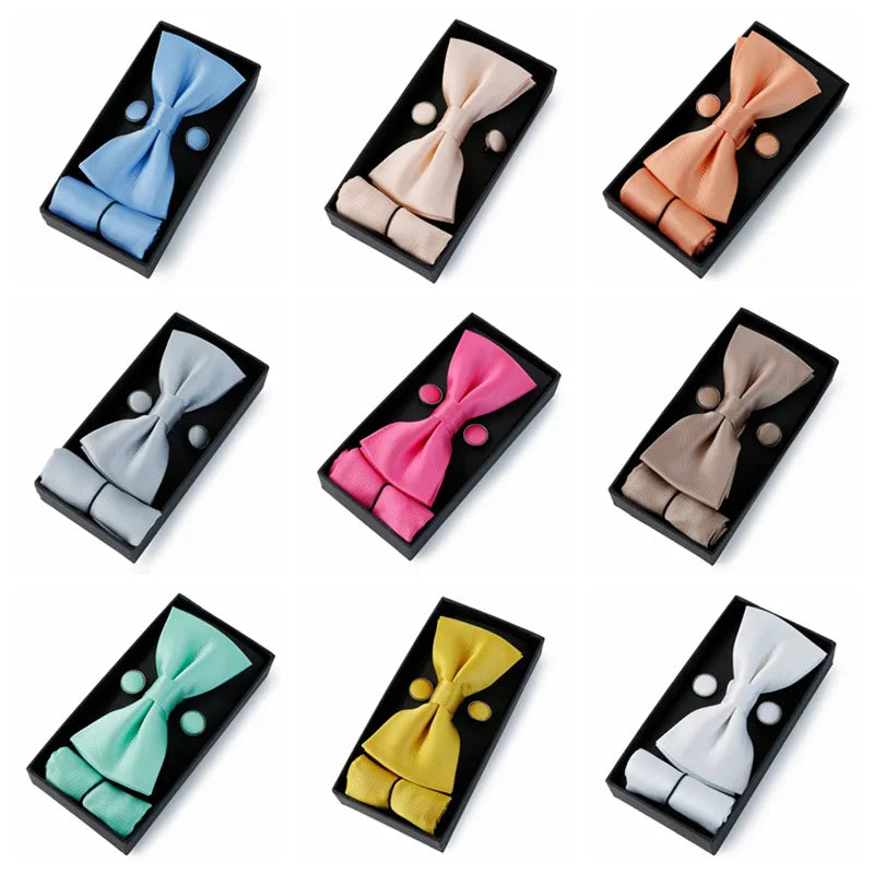 Men Bowtie Set Pocket Square Cufflinks For Wedding