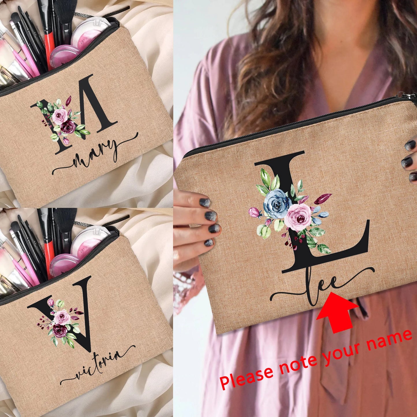 Customized Personalized Name Linen Makeup Bag