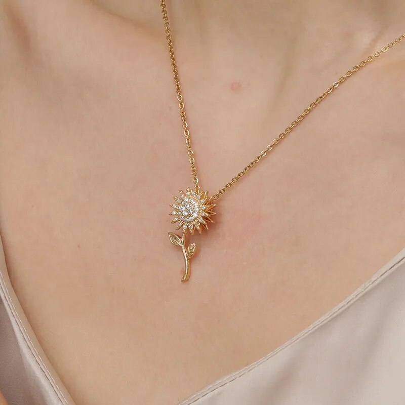 Zircon Sunflower Pendant Necklace for Women