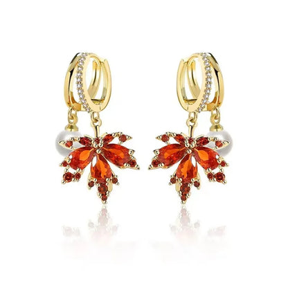 French Vintage Crystal Zircon Red Maple Leaf Earrings for Women